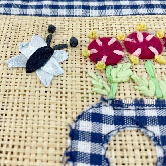 Breckenridge Straw Tote Bag Purse Blonde Wicker Picnic Blue Check Teacup Bee - Picture 8 of 10